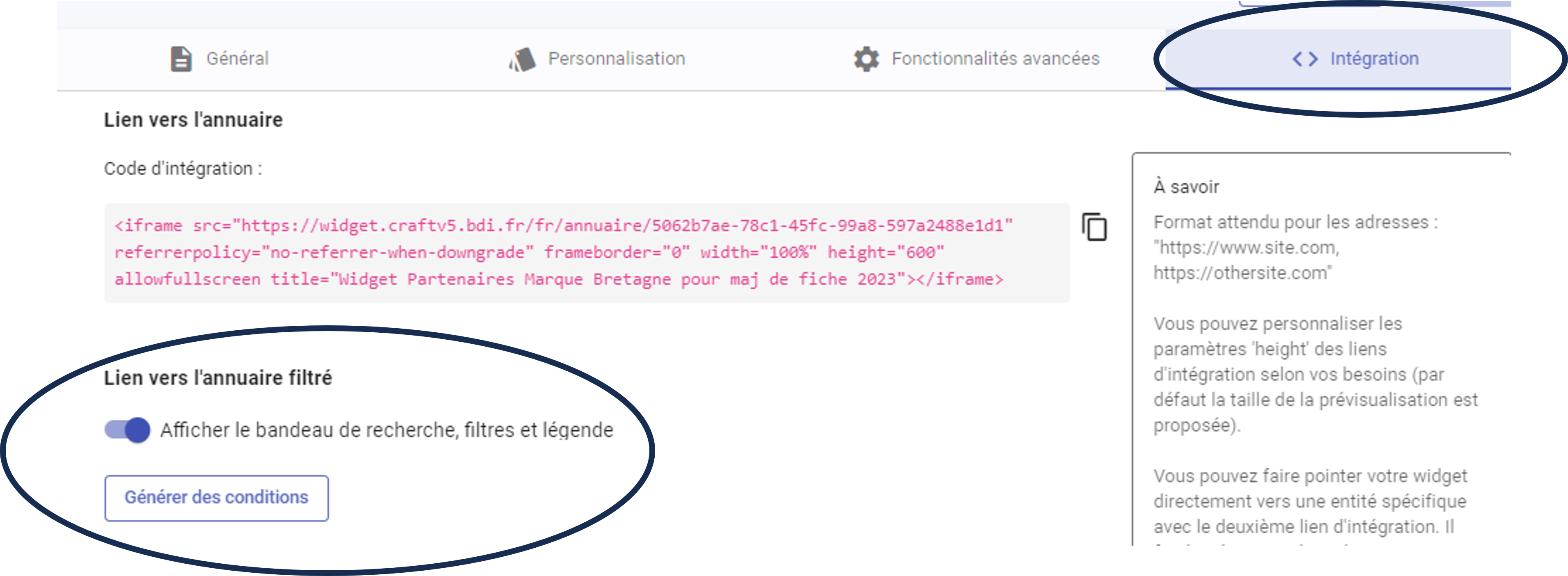 vous pouvez générer des criteres avec l editeur de conditions dans l onglet integration du widget. cliquez sur le bouton generer les conditions puis recuperer les conditions proposes pour les coller ici